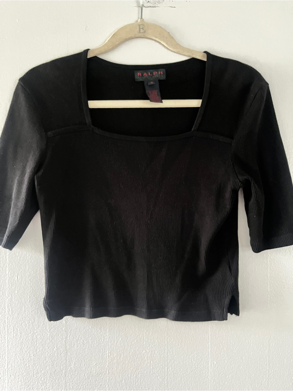 Ralph Lauren Black Ribbed Square-Neck Short Sleeve Top